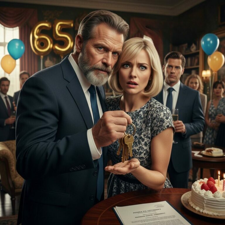 “As the candles on my 65th cake flickered, my daughter pushed a contract toward me. ‘It’s for your own good, Dad,’ she smirked, eyes gleaming with greed for my estate. I didn’t yell. I simply dropped my truck keys into her palm and leaned in close. ‘You just lost everything,’ I whispered, watching her smile vanish. She thought she was inheriting a fortune, but she was about to face a reality she never saw coming. Six months later, the tables have turned…”