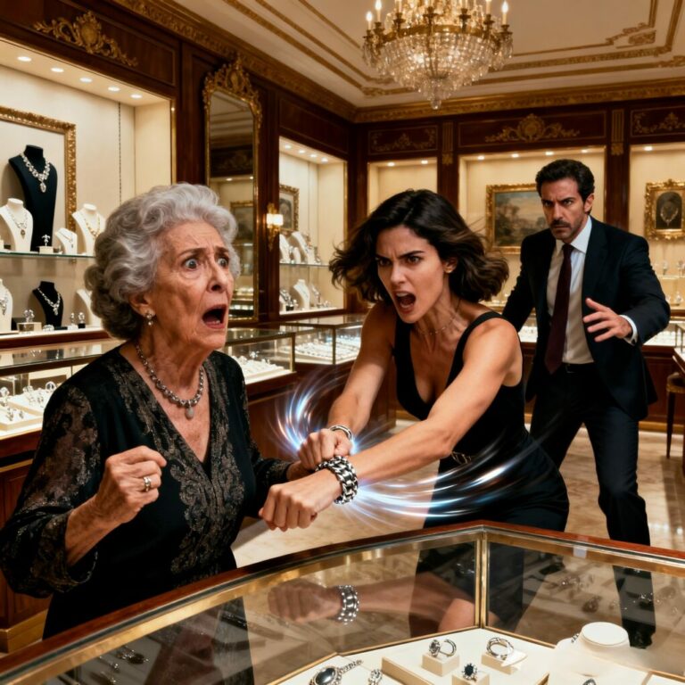 Nunca olvidaré cómo me arrancó la pulsera delante de todos. “Eres un chiste”, escupió mi nuera en la joyería, mientras los vendedores me miraban como si yo no valiera nada. Me quedé en silencio, con la mano temblando, tragándome la humillación. Entonces se oyó una voz firme detrás de nosotros: “Vuelve a tocar a mi esposa… y comprueba lo que pasa.” Lo que ocurrió después lo cambió todo.