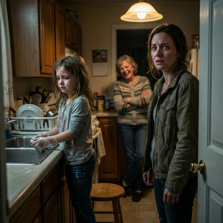 Dejé a mi hija con la familia solo un fin de semana. Cuando regresé, la encontré llorando frente al fregadero. Mi madre se rió y dijo: “¡Ahora es una criada!”. No dije nada… y me fui.