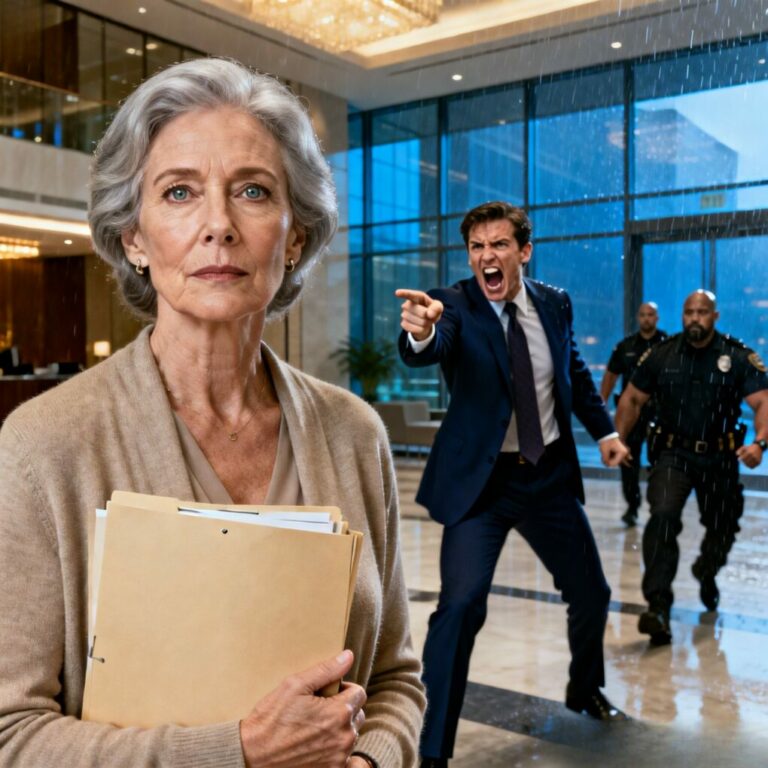 “Security, throw this old woman out! She’s nobody!” my son’s voice boomed, dripping with contempt in front of his board of directors. I didn’t shed a tear; I simply whispered, “You’ve forgotten whose shoulders you stood on to reach this height.” I went home and signed the paper he ignored for years. By noon, his empire crumbled. Now he’s sobbing at my door. Should I let him in, or let him burn?