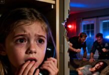 A terrified little girl whispered into a 911 call, “My dad and his friend are drunk… they’re hurting Mom again.” When police arrived minutes later, the scene inside the house stopped them cold—and what they uncovered would haunt them forever.