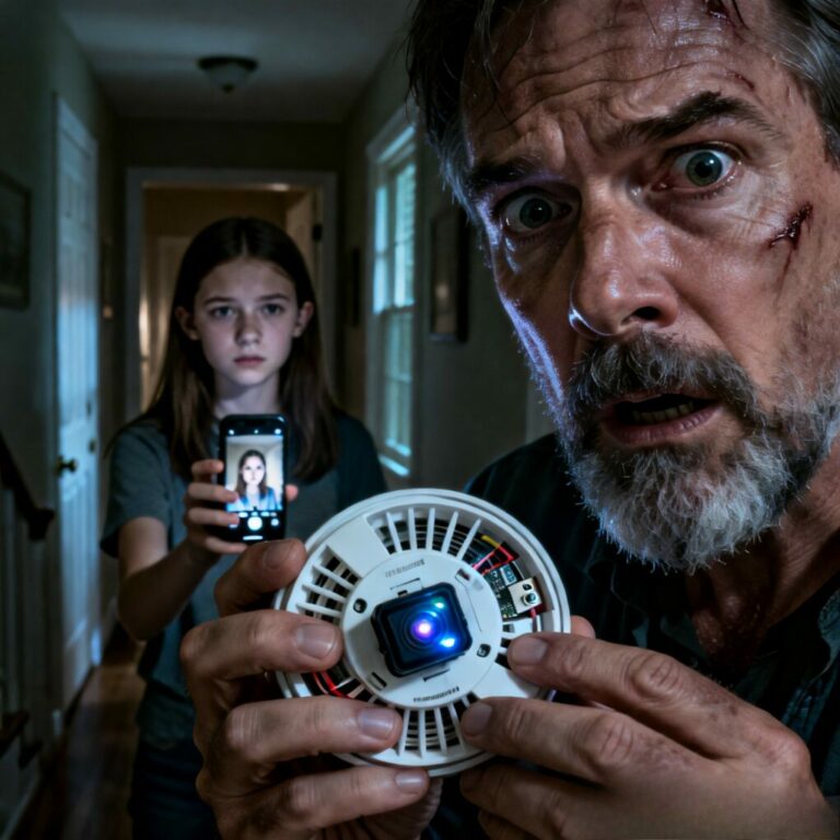 “I stared at the tiny lens hidden inside the smoke detector, my heart hammering against my ribs. Someone was watching. When my daughter walked in, she didn’t look at me—she looked at the ceiling. ‘Dad, why were you crying in your sleep last night?’ she whispered. My blood ran cold. I hadn’t told a soul. Now I have to wonder… is she the one behind the lens, or is she just a pawn in a much darker game?”