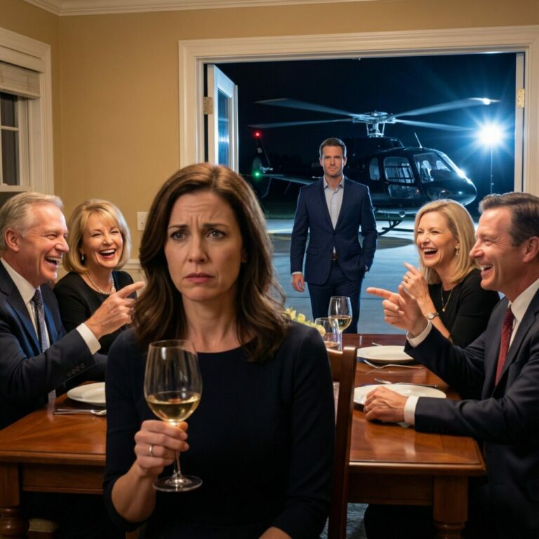 Mis padres se rieron de mi prometido “imaginario”, así que alcé mi copa y esperé… entonces él entró diciendo: —Perdón… tuve que aparcar el helicóptero. Acabábamos de aterrizar desde Dubái.