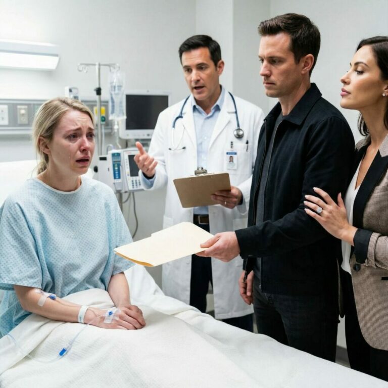 I still remember his voice shaking as he grabbed my hands. “Please… she won’t survive without you,” my husband begged. I said yes—without hesitation. Two days later, still weak in my hospital gown, he walked in smiling. “Sign these,” he said coldly. Divorce papers. His mistress stood beside him, flashing a ring. I was numb—until the doctor cleared his throat and said something that made them both freeze.