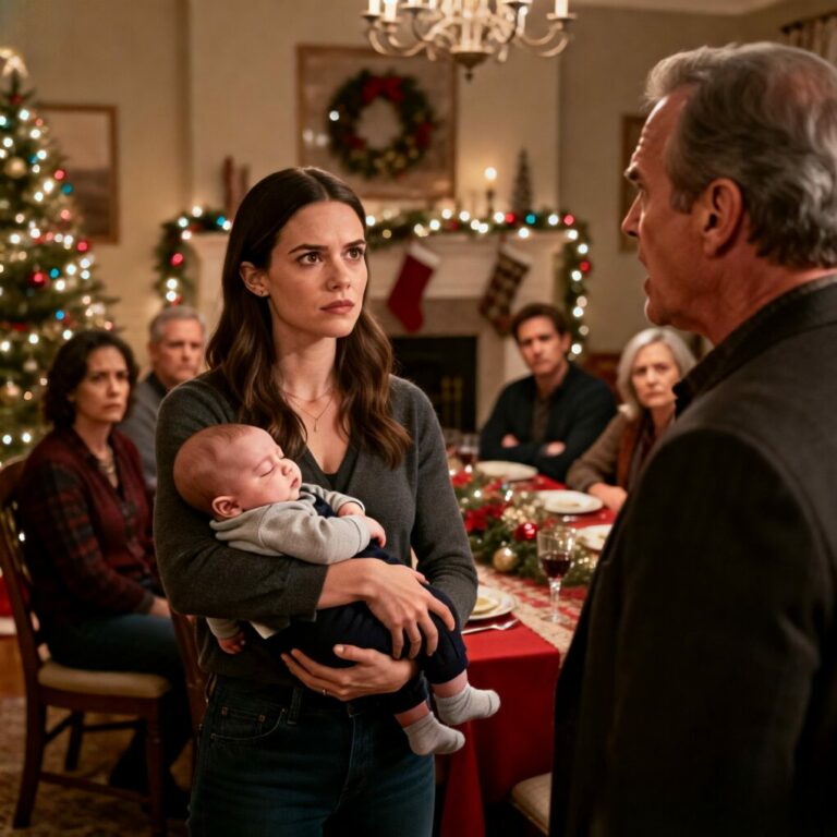 “They say my baby ruins Christmas.” “Your nine-month-old makes everyone uncomfortable,” my father sneered, wine glass raised. “Then I won’t stay,” I said, shaking—but I didn’t expect his smile. “Fine. I’ll stop paying for your life.” They laughed. I smiled back. Because they had no idea what I’d brought with me… or how this night would end.