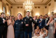 I paid for my sister’s lavish wedding, only for her to mock me in front of 300 guests. “My sister is just a gate guard—who would ever want her?” she sneered. My mother agreed and even called me “the family’s shame.” The hall filled with laughter—until the groom, a major, stood up. He looked straight at me and said, “Actually… she’s—” My mother froze. My sister fainted.