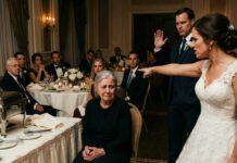 I stood frozen in the middle of my own son’s wedding when she sneered, “Don’t just stand there. Sit with the staff.” Laughter rippled through the room as she dragged a chair to the corner, treating me like a servant. My hands trembled—until a calm voice cut through the noise. “Stop this wedding. She deserves to know who this woman really is.” What happened next shattered every lie… and changed my son’s life forever.