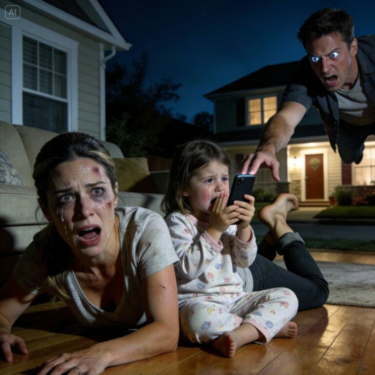 He yanked my hair so hard my scalp burned—then the crack of my leg echoed through the hallway like a gunshot. I couldn’t scream; he loved that. So I did the only thing I could: I met my four-year-old’s eyes and gave her our signal. Tiny fingers shook as she pressed the hidden contact. “Grandpa,” she sobbed, “Mom looks like she’s going to die!” The line went silent… then a calm voice said, “Stay on. I’m coming.”