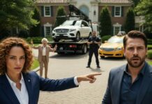 My husband smirked, handing my birthday Mercedes keys to his mother right in front of me. ‘She needs it more than you,’ he claimed. I felt my heart shatter until my father stepped forward, his eyes cold as ice. ‘Is that so?’ he whispered, pulling a legal document from his coat. ‘Then I guess it’s time you learn who actually owns this house.’ The look on their faces? Priceless.