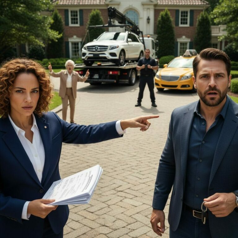 My husband smirked, handing my birthday Mercedes keys to his mother right in front of me. ‘She needs it more than you,’ he claimed. I felt my heart shatter until my father stepped forward, his eyes cold as ice. ‘Is that so?’ he whispered, pulling a legal document from his coat. ‘Then I guess it’s time you learn who actually owns this house.’ The look on their faces? Priceless.