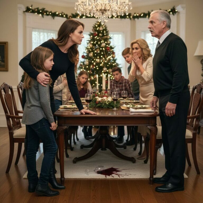 The room went deathly silent as my father shoved my daughter off her chair. “Get out! That seat is for my blood only,” he spat. My daughter’s eyes filled with terror as she hit the floor, but the rest of my family just stared at their plates. I didn’t scream. I didn’t cry. I simply leaned in and whispered four words that turned my father’s face white. “He’s not yours either.” Now, a decades-old secret is out, and there’s no turning back.