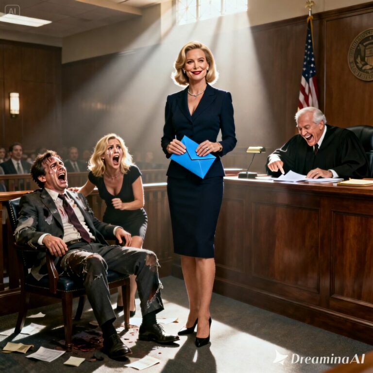 My husband smirked at the judge, pointing a finger at me. ‘She’s a leech; she deserves nothing!’ he spat. His mistress leaned in, whispering loud enough for the whole court to hear: ‘Enjoy the poverty, honey.’ I said nothing, only handing a sealed blue envelope to the bailiff. As the judge’s eyes widened and a chilling laugh escaped his lips, I leaned forward. ‘It was never about your money, Mark. It was about everything you thought you owned