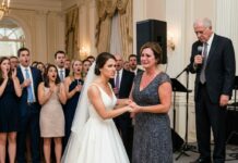 I stood alone at my sister’s wedding, heart full—until my future father-in-law laughed into the microphone and said, “This is the woman who raised her like a burden, not family.” The room froze. My sister turned to me, eyes burning, then ripped off her veil and whispered, “You’re not just my sister. You’re my mother.” She threw the bouquet aside and took my hand. We walked out together—leaving everyone stunned..