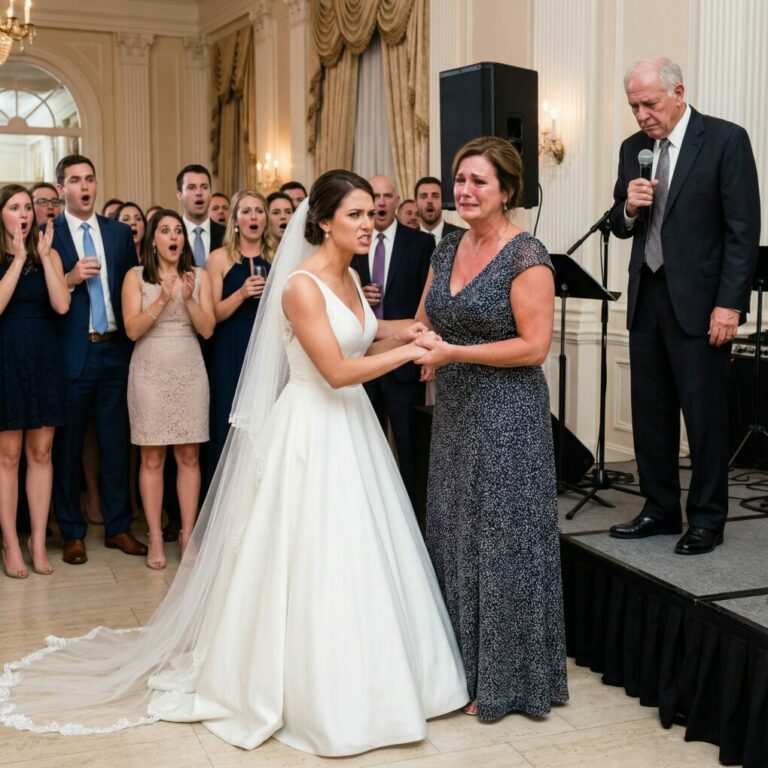 Me quedé de pie, sola, en la boda de mi hermana, con el corazón lleno de emoción… hasta que mi futuro suegro soltó una carcajada frente al micrófono y dijo: —Esta es la mujer que la crió como si fuera una carga, no como familia.  El salón entero quedó congelado. Mi hermana se giró hacia mí, con los ojos ardiendo de rabia. De pronto, se arrancó el velo y susurró con voz firme: —No eres solo mi hermana. Tú eres mi madre.  Luego lanzó el ramo a un lado, tomó mi mano y caminamos juntas hacia la salida, dejando a todos completamente atónitos.