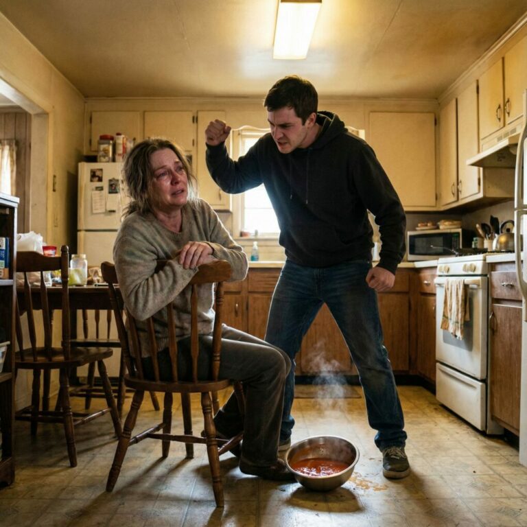 Nunca pensé que un simple plato de sopa pudiera costarme mi dignidad. “¡No tiene sal!”, espetó mi hijo antes de que su mano golpeara mi rostro, y el sonido resonó más fuerte que mi vergüenza.  A la mañana siguiente, con una mueca burlona, dijo: “Mi novia viene a almorzar, mamá. Tápate eso y sonríe”. Y lo hice.  Pero horas después, cuando entró en la oficina de su jefe, vi cómo su cara se volvía blanca como un fantasma… y en ese instante supe que el destino, por fin, me había respondido.