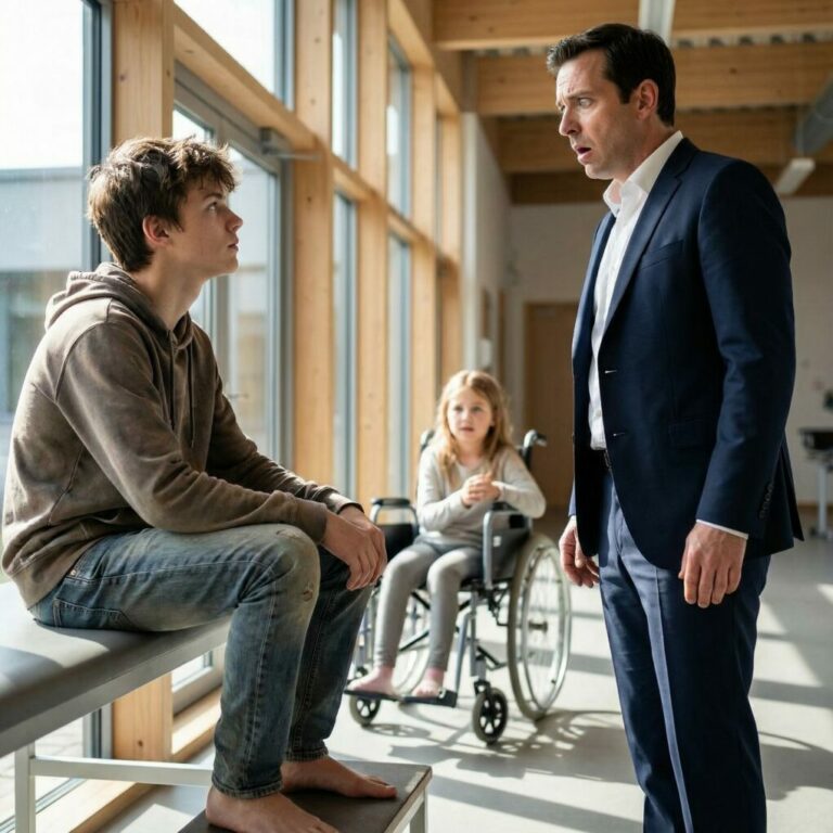 I froze when I heard the voice behind me. “Sir, I can make your daughter walk again,” the small, trembling voice said. I turned slowly. A thin boy stood there, barefoot, eyes shaking—but certain. Doctors had crushed that hope years ago. I laughed bitterly. Then he whispered something only my daughter’s doctors knew. And in that moment, fear—not hope—gripped my chest. Because what if he was telling the truth?