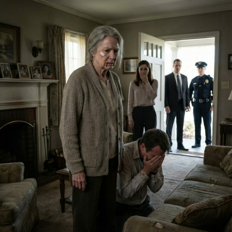 Me negué a darle a mi hijo el dinero de la venta de la finca. Él me abofeteó y gritó fuera de sí: “¡Saquen a esta vieja de aquí!”. Mi nuera aplaudió con satisfacción, como si acabara de presenciar una victoria. Temblando, me refugié en mi habitación, con el cuerpo sacudido por el miedo y la sangre corriéndome por el labio. Diez minutos después, sonó el timbre de la puerta. Cuando vio quién estaba allí, se desplomó de rodillas, pálido como un cadáver, sollozando y suplicando perdón: “Mamá… por favor… no hagas esto.”