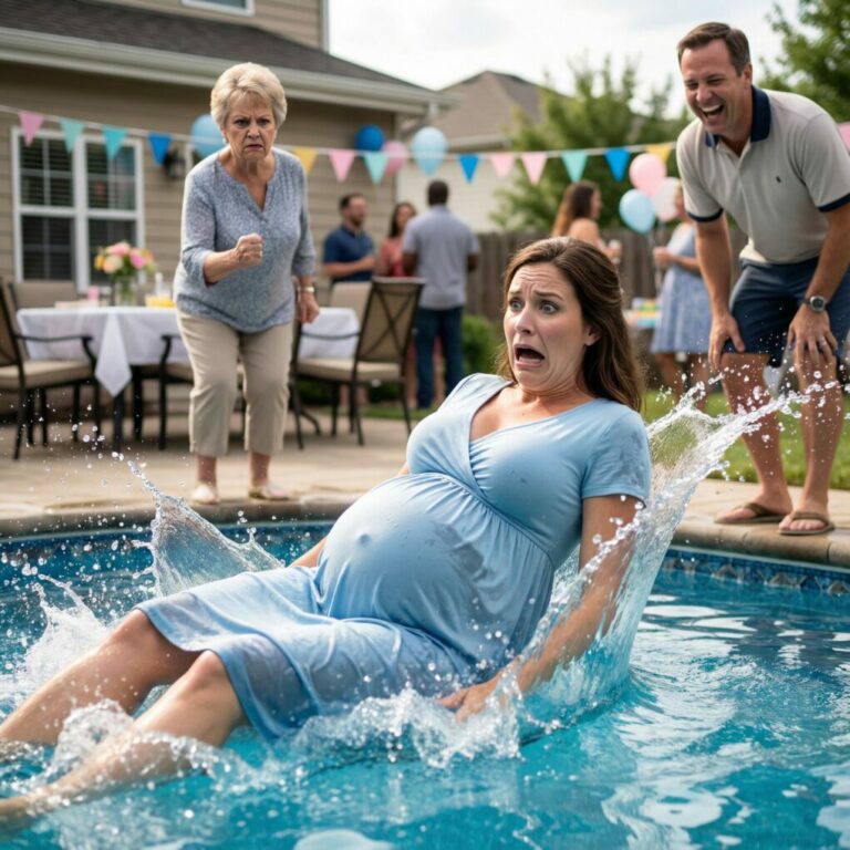 Nunca olvidaré aquel momento en mi baby shower, cuando estaba embarazada de ocho meses. Mi esposo le entregó a su madre los 10.000 dólares completos que yo había estado ahorrando para el parto. Cuando intenté detenerlo, me gritó furioso: «¡No te atrevas a ponerte en mi camino!». Entonces su madre, con una expresión cruel, me lanzó un puñetazo directo al vientre hinchado con tanta fuerza que perdí el equilibrio y caí hacia atrás en la piscina.  Mientras me hundía bajo el agua, aferrándome el estómago presa del pánico, mi esposo se quedó allí de pie, sin hacer nada… riendo. Y cuando bajé la mirada hacia mi vientre, me quedé paralizada, completamente conmocionada por lo que estaba viendo.