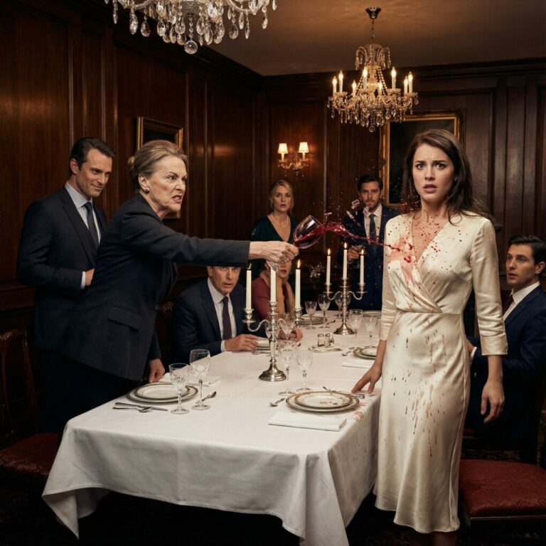 At the very first meeting with my fiancé’s family, his mother threw a glass of wine in my face and laughed cruelly, “Just disinfecting the poor! Want to marry my son? Pay $100,000 — now.” I turned and saw him smiling along with her. I wiped the wine from my face, smiled slowly, and said quietly, “Fine… then I’m terminating every contract with your company.” And instantly, the entire room went ice-cold.