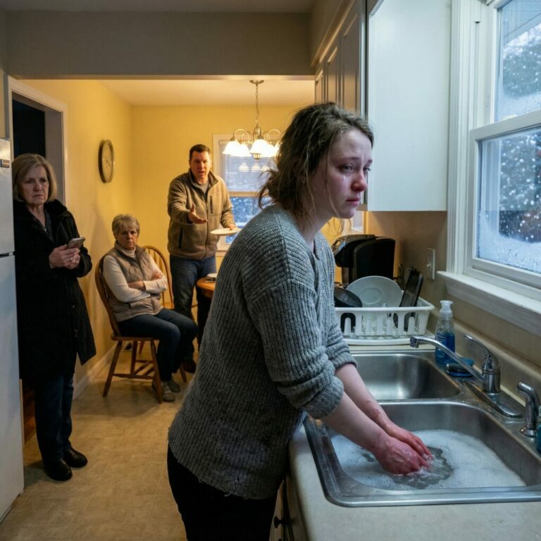 Visité a mi hija sin avisar y quedé completamente impactada. Su suegra y su marido estaban sentados a la mesa, comiendo tranquilamente, mientras ella lavaba los platos con agua fría, temblando de frío. De repente, su marido le arrebató el plato de las manos a su madre y gritó con desprecio: —¡Deja de lavar los platos y trae más comida!  Yo no dije nada. En silencio, saqué el teléfono e hice una llamada. Cinco minutos después, todo había cambiado por completo y… nada volvió a ser igual.