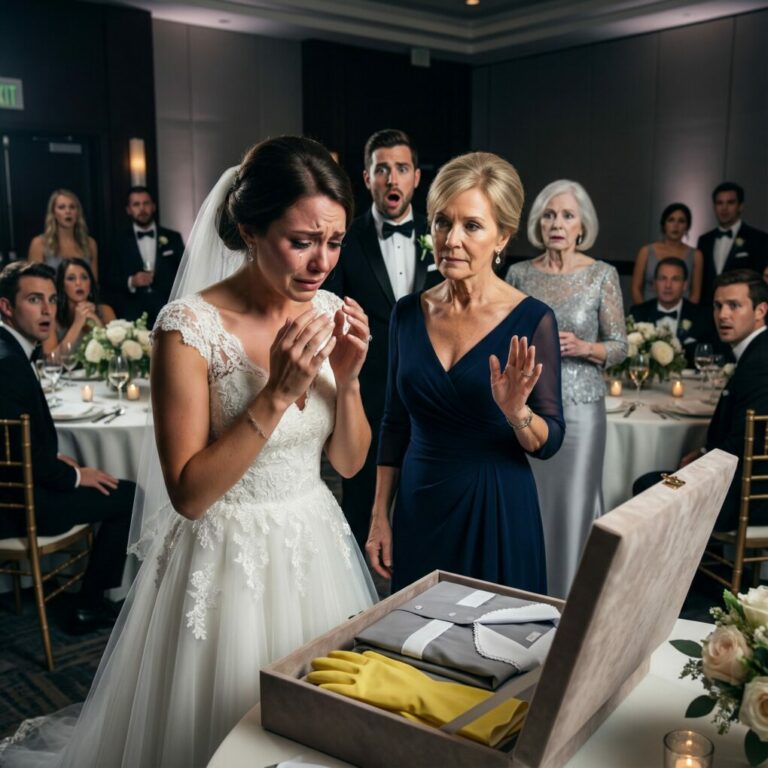 En la boda de mi hija, su suegra le entregó una caja de regalo. Cuando mi hija la abrió, dentro había un uniforme de empleada doméstica y un par de guantes de limpieza. Mi yerno sonrió con burla y comentó: —Eso es exactamente lo que necesita en casa.  Los ojos de mi hija se llenaron de lágrimas y empezó a temblar. Yo me levanté en silencio de mi asiento y dije con calma: —Ahora, veamos el regalo que yo tengo para vosotros dos.  Cuando mi hija abrió la caja, sus rostros se quedaron completamente atónitos.