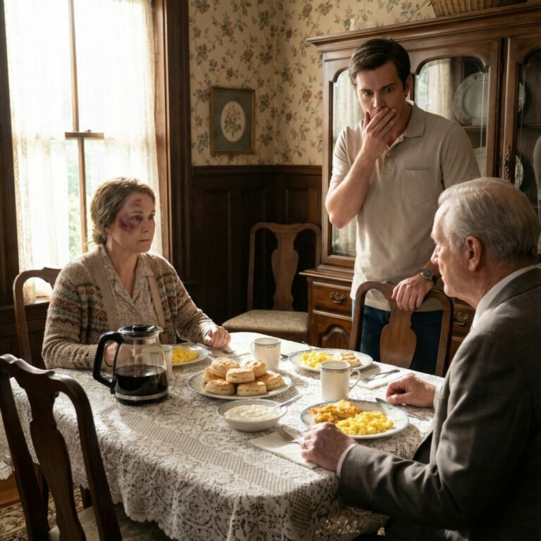 My son hit me last night and I stayed quiet. This morning, I laid out my lace tablecloth, baked a full Southern breakfast, and set the good china like it was Christmas. He came downstairs, saw the biscuits and grits, smirked, and said, “So you finally learned,” but his face changed the second he saw who was sitting at my table.