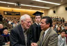 Mi padrastro pobre se sentó en silencio durante la defensa de mi doctorado… hasta que el profesor se quedó paralizado a mitad del apretón de manos y susurró su nombre. Lo que vino después sacó a la luz un acto de valentía olvidado durante décadas, convirtió a un obrero de la construcción en un héroe del campus y reveló los sacrificios silenciosos que había detrás de mi éxito, aquellos que nadie había visto jamás… hasta ese instante.