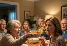 At dinner, my son’s mother-in-law suddenly grabbed the bowl and threw boiling soup straight into my face. My skin burned as she smiled coldly and said, “That’s what you deserve.” The room fell silent. My son froze. I wiped the soup from my eyes, my hands shaking—not from pain, but from the truth I was about to reveal. And that night, everything changed forever.