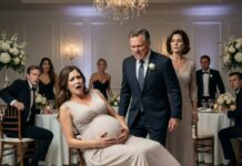 I was eight months pregnant, trapped in my chair at my cousin’s wedding, when my mother hissed, “Get up. Your sister needs that seat.” I whispered back, “She’s two months. I’m eight.” The room went silent—until my father stormed over and kicked my chair from behind. I fell hard. Water spilled across the floor. Screams erupted. And as I clutched my belly, I realized this was no longer just a family dinner—it was the moment everything broke forever.