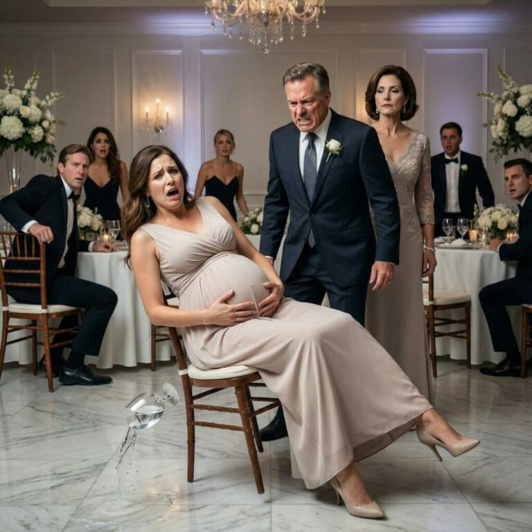 I was eight months pregnant, trapped in my chair at my cousin’s wedding, when my mother hissed, “Get up. Your sister needs that seat.” I whispered back, “She’s two months. I’m eight.” The room went silent—until my father stormed over and kicked my chair from behind. I fell hard. Water spilled across the floor. Screams erupted. And as I clutched my belly, I realized this was no longer just a family dinner—it was the moment everything broke forever.