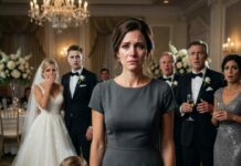 I stood frozen at my sister’s wedding as she smiled sweetly and said into the mic, “Some women marry rich. Some just raise mistakes.” Laughter rippled through the room. Then my mother leaned forward and added coldly, “At least her mistake wore shoes today.” My hands trembled around my phone—because what they didn’t know was that I wasn’t here to beg. I was here to reveal the truth… and end this wedding forever.