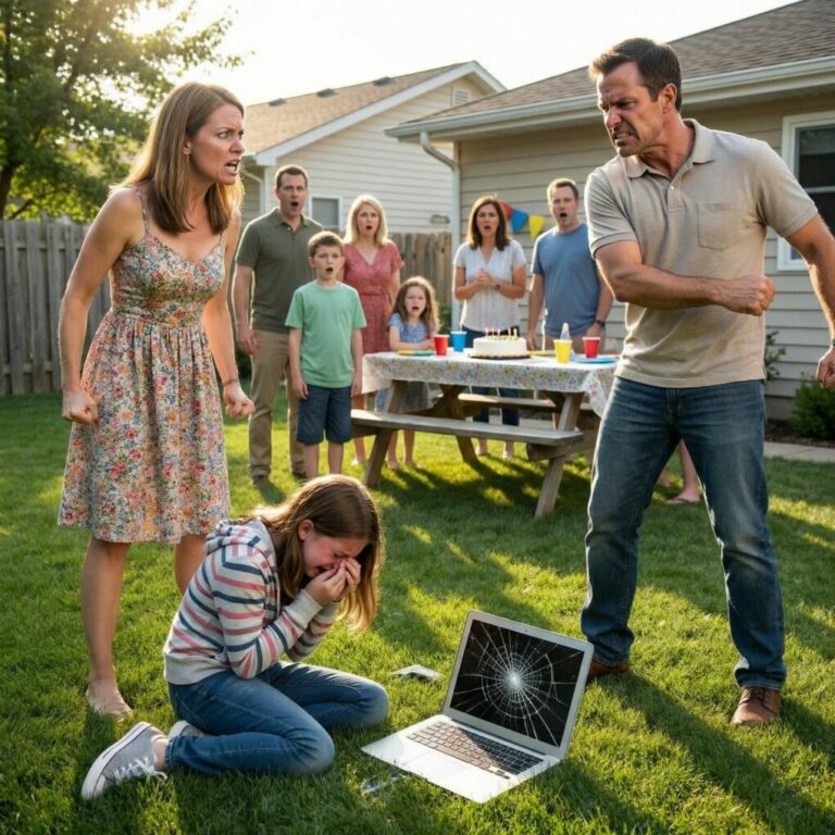 En el cumpleaños número doce de mi hija, todo explotó en cuestión de segundos. Mi sobrino arrancó su regalo y gritó: «¡El MacBook es mío ahora!». Cuando le exigí que lo devolviera, mi padre lo agarró y lo estrelló contra el suelo, rugiendo: «¡Esto es lo que merecen los niños egoístas!». Mi hija rompió a llorar, paralizada por el shock. Los invitados se quedaron congelados. Y en ese instante comprendí que esa fiesta estaba a punto de acabar con nuestra familia para siempre…