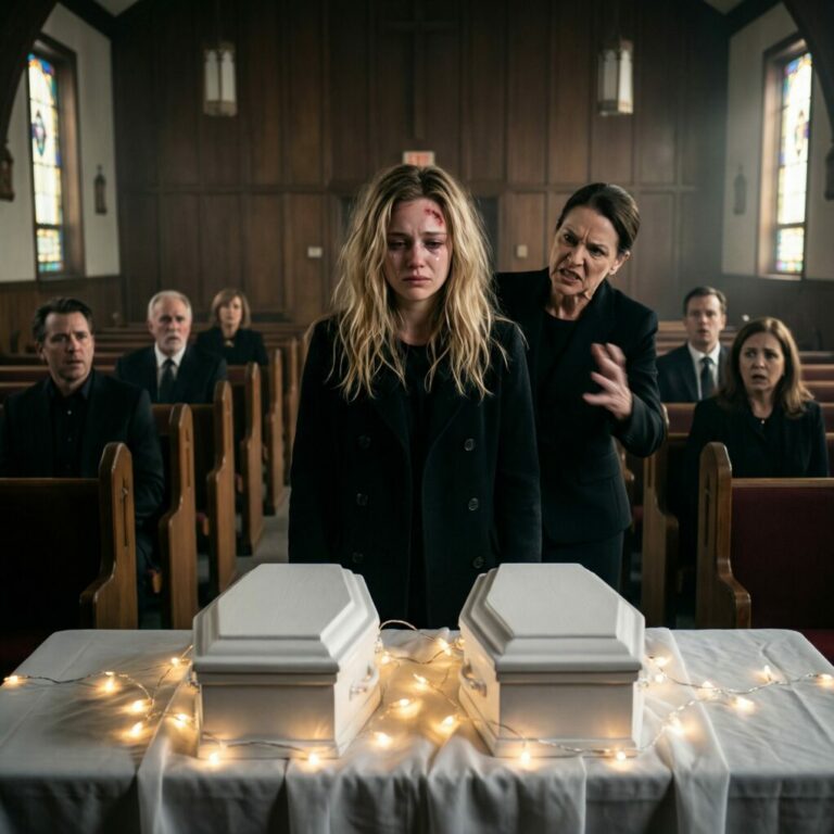 En el funeral de mis bebés gemelos, mientras sus diminutos ataúdes yacían frente a mí, mi suegra se inclinó y siseó con desprecio: “Dios se los llevó porque sabía qué clase de madre eras.” Yo, rota en llanto, estallé: “¿Puedes callarte… solo por hoy?” Fue entonces cuando me abofeteó, estampó mi cabeza contra el ataúd y susurró: “Quédate callada, o te unirás a ellos.” Pero lo que ocurrió después… nadie lo vio venir.