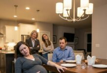 “I’m eight months pregnant, I can barely stand,” I whispered, clutching my belly. “Stop being selfish,” my husband snapped as his mother sneered, “Look at her, she can’t even cook.” His sister laughed, “No wonder he’s disappointed.” I searched my husband’s face, begging, “Are you really going to let them talk to me like this?” He lowered his eyes. I pushed myself up—and the room suddenly tilted, then went black…