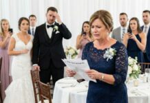 At my son’s wedding, I walked into the reception and froze. My reserved seat—right next to him—had been replaced with a trash can. “It’s just a joke, don’t be so dramatic,” my daughter-in-law smirked as everyone burst out laughing. They stopped laughing when I stood up, lifted the DNA test results, and said, “Then let’s see who’s really a joke… starting with your ‘son.’”