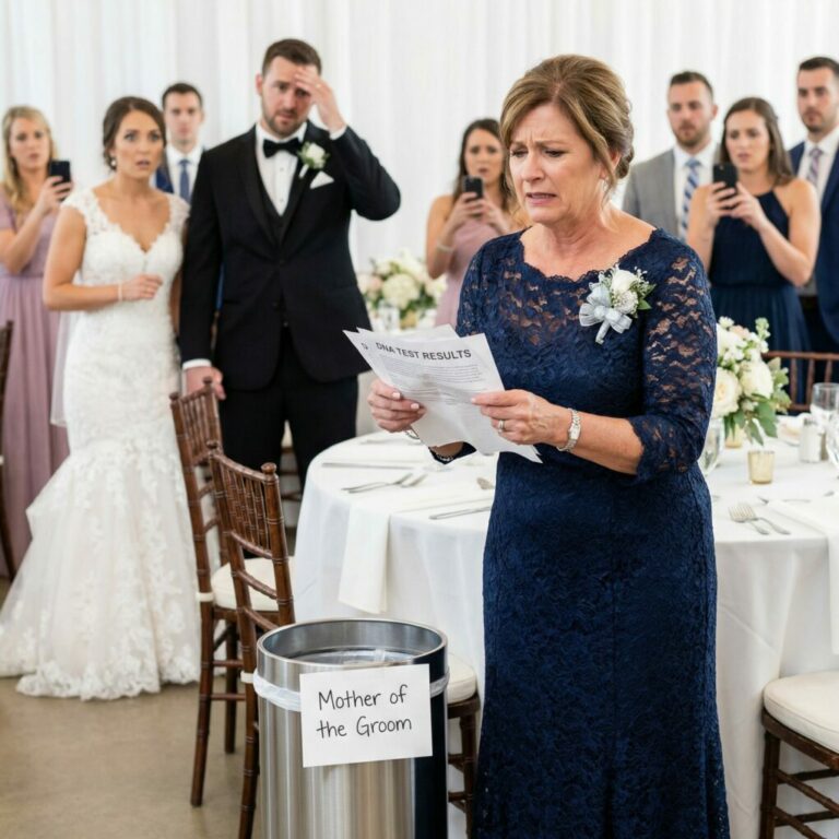 At my son’s wedding, I walked into the reception and froze. My reserved seat—right next to him—had been replaced with a trash can. “It’s just a joke, don’t be so dramatic,” my daughter-in-law smirked as everyone burst out laughing. They stopped laughing when I stood up, lifted the DNA test results, and said, “Then let’s see who’s really a joke… starting with your ‘son.’”