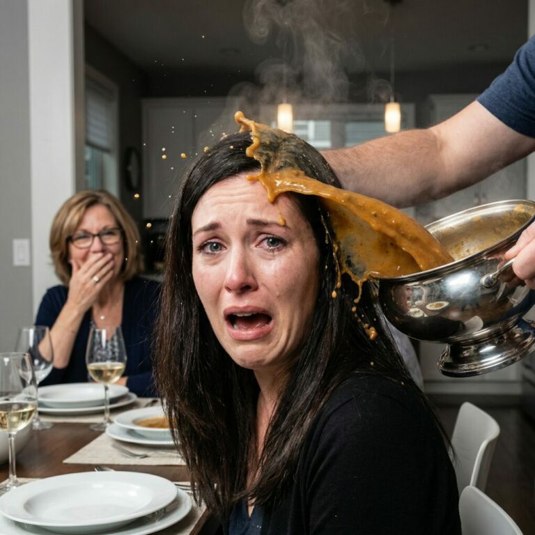 At the family dinner, my husband suddenly grabbed the soup tureen and dumped the boiling liquid over my head. His mother burst out laughing as I gasped, skin burning. “You’ve got ten minutes to get out,” he sneered. I wiped my face, pulled a stack of papers from my bag, spread them on the table and smiled. “You’re right,” I whispered. “Ten minutes later…”