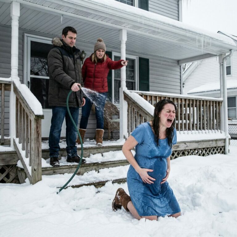 Seven months pregnant, I stood shivering under the outdoor faucet as icy water stabbed my skin. “You don’t deserve hot water,” my husband hissed, locking the back door while I hugged my belly and tried not to cry out. He smirked, certain no one would ever know. An hour later, my phone buzzed with a message from my father: “Stay where you are. He thinks I don’t see—but I see everything…”