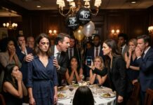 On our 10th anniversary dinner, I walked into the restaurant with a fresh black eye. The music died. Forks stopped mid-air. My husband squeezed my shoulder and announced, “Don’t worry, it was my sisters. They just taught her some respect.” His sisters burst out laughing—until my twin sister stood up, heels clicking, leaned over the table and whispered to him, “Ready for my lesson, Ethan?”