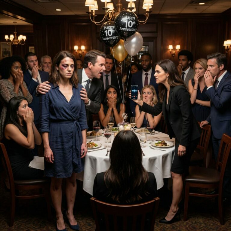 En la cena de nuestro décimo aniversario, entré al restaurante con un ojo morado reciente. La música se apagó. Los tenedores quedaron suspendidos en el aire. Mi esposo me apretó el hombro y anunció: «No se preocupen, fueron mis hermanas. Solo le enseñaron un poco de respeto». Sus hermanas estallaron en carcajadas, hasta que mi hermana gemela se levantó, los tacones resonando, se inclinó sobre la mesa y le susurró: «¿Listo para mi lección, Ethan?».