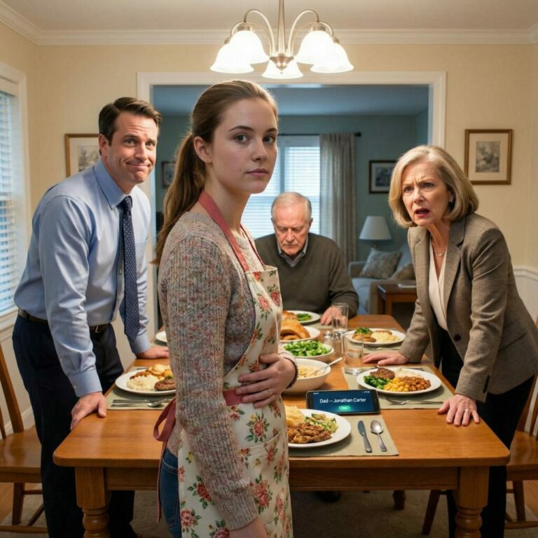 I never told my in-laws who my father really was. To them, I was free labor, not a wife. “Servants eat standing,” my mother-in-law hissed as she shoved me, a sharp pain tearing through my side. I reached for my phone. My husband laughed, “Go ahead, I’m a lawyer. You can’t beat me.” My fingers didn’t even tremble. “Then talk to my father,” I whispered—right before their world began to crack.