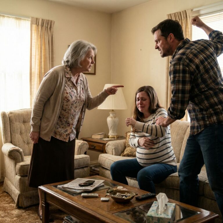 Ella me señaló con el dedo y gritó: «¡Eres inútil!». Antes de que pudiera respirar, mi esposo rugió: «¡Cómo te atreves a faltarle el respeto a mi madre!». Sus puños cayeron sobre mí mientras yo protegía mi vientre de ocho meses; el dolor estalló y la sangre empapó el suelo. Sirenas. Luces blancas. En urgencias, escuché a la enfermera susurrar: «Señora… esta lesión no es producto de una caída». Y luego dijo algo que lo dejó completamente paralizado.