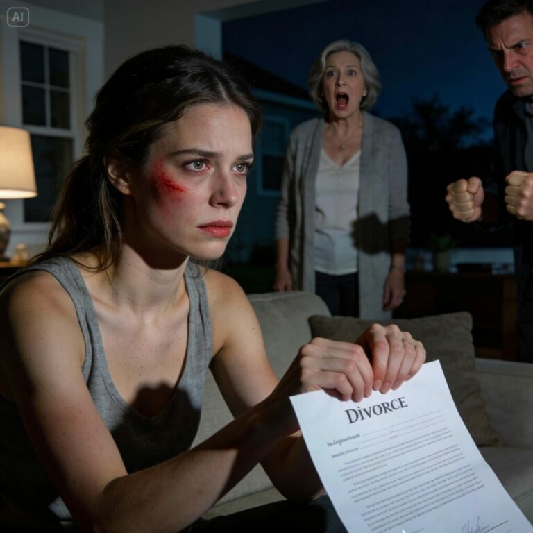 Cuando mi esposo me abofeteó por no cocinar mientras tenía 40 °C de fiebre, firmé los papeles del divorcio. Mi suegra me gritó: —¿A quién crees que estás asustando? Si sales de esta casa, acabarás mendigando en la calle.  Pero yo le respondí con una sola frase que la dejó completamente sin palabras…