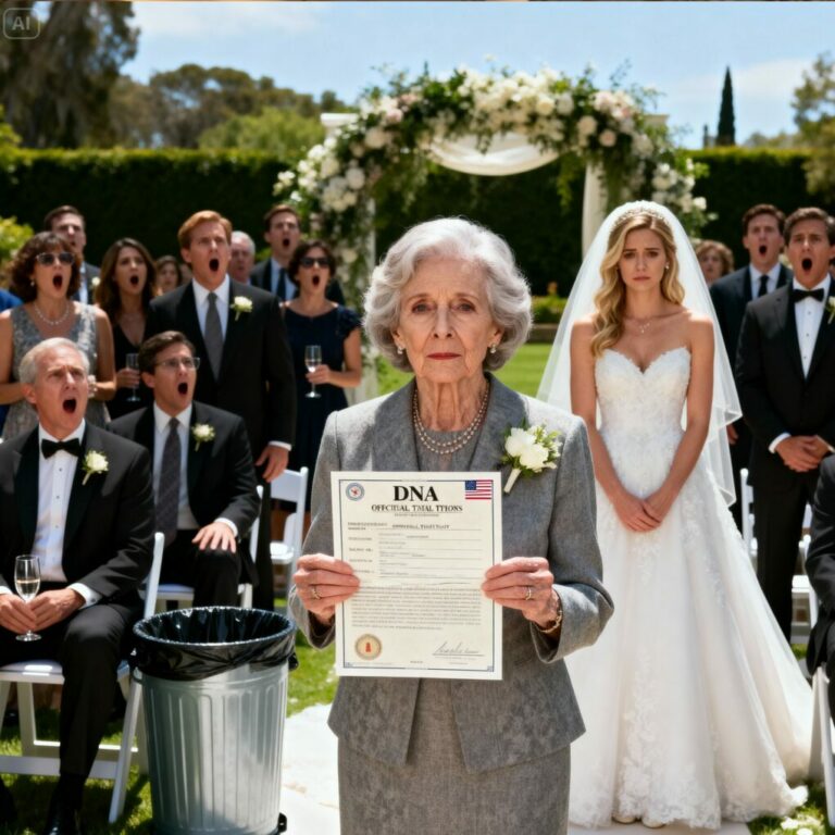 En la boda de mi hijo, reemplazaron mi asiento por un cubo de basura. —Es solo una broma, no seas tan dramática —dijo mi nuera. Todos se rieron.  Pero cuando revelé la prueba de ADN de mi “nieto”, los invitados quedaron atónitos. La arpía ya no tenía dónde esconderse.