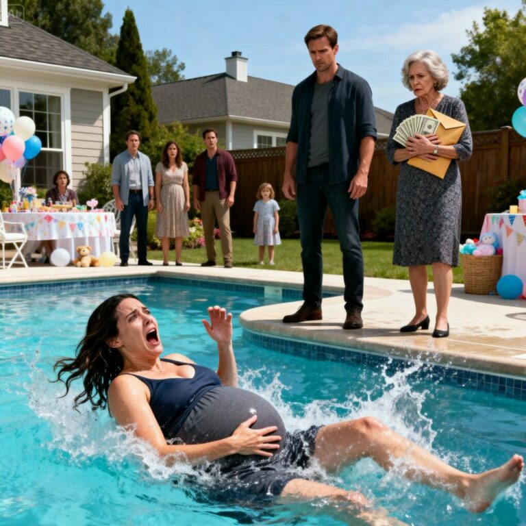 Nunca olvidaré mi baby shower. Con ocho meses de embarazo, vi cómo mi esposo entregaba todo mi fondo para el parto, 23.000 dólares, a su madre, delante de todos. Cuando intenté detenerlo, me gritó; su familia se puso de su lado y, en medio del caos, perdí el equilibrio y caí a la piscina. Mientras luchaba por mantenerme a flote, miré mi vientre… y todo se volvió frío.
