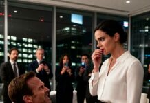 My husband thought it was funny to SLAP my mouth in front of his coworkers after I made a harmless joke. The room went silent. He leaned in and hissed, “Know your place.” I smiled slowly, wiped the blood from my lip, and said, “You just slapped the wrong woman.” What he didn’t know was that every phone in that room had just captured the moment his career died.