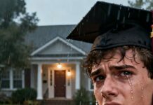 On my graduation day, I was still holding my diploma when my father snarled, “You’re not my real son—get out of this house.” I stumbled into the rain, tears mixing with mascara-stained hugs I never got. Halfway down the street, a shiny red car rolled beside me. The driver lowered the window and said, “Your real dad sent this.” He held out a sealed envelope—my name already printed on it… and my knees nearly gave out.