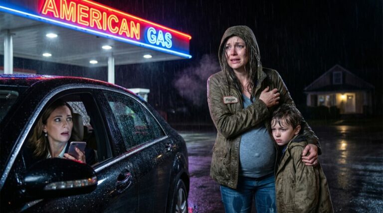 I’m pregnant, dragging my five-year-old through streets that don’t care. His tiny fingers clamp onto mine as rain needles our faces. “Mom… are we going home?” he whispers.  Home. The word tastes like broken glass.  My husband’s last words still ring: “Get out. Both of you.” Then the door slammed—like we were garbage tossed outside.  A car slows beside us. The window rolls down.  And I hear my name.