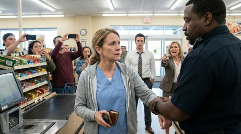 The second my fingers brushed the wallet beneath the counter, a hand clamped around my wrist like a trap. “You! Thief!” the woman shrieked, her voice cutting through the store. Heads snapped toward me—heat flooded my face. “I—I was just picking it up!” I stammered, but the security guard stepped in, blocking every exit.  Then the door slammed open. My husband walked in, eyes locking on the wallet in my hand. “Not again,” he whispered.  And that’s when I realized—he wasn’t here to save me. So why did he come?