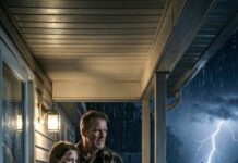 Rain hammered the roof like fists when the knocking started—slow, desperate, wrong. I yanked the door open. “Who’s—?” My daughter stumbled into the light. Her face was a map of bruises, one eye swollen shut… and both hands were gripping her eight-month belly like it might fall apart. “Dad,” she gasped, voice shredded. “Don’t let him in.” Behind her, the rain swallowed a second set of footsteps—coming closer.